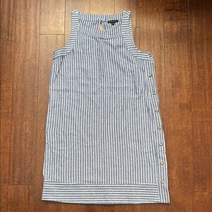 For Cynthia Linen Blend Blue and White Striped Dress, Buttons Down Side, Size M